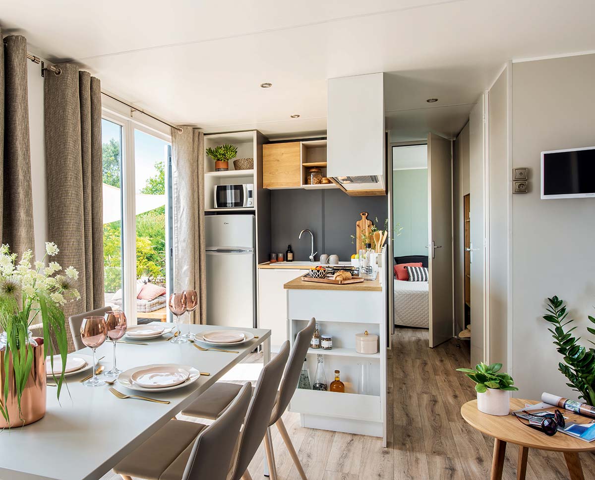 Interior of a new mobile home at the Chalands Fleuris campsite in Brière 44